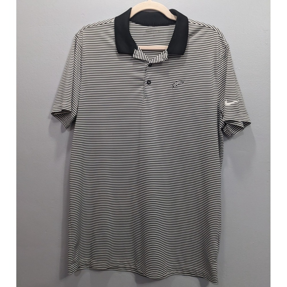 Nike Golf Short Sleeve Polo Shirt Men sz M Black /White Stripe Embroider Feather